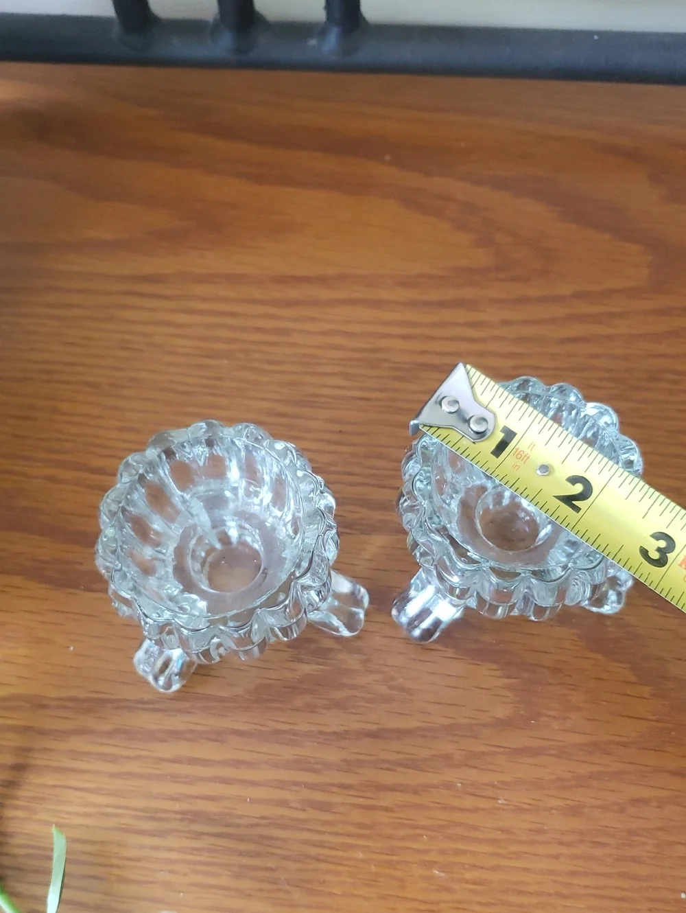 Vtg Clear Glass Triple-Leg  Candlestick Holders with Green Decorative Candles